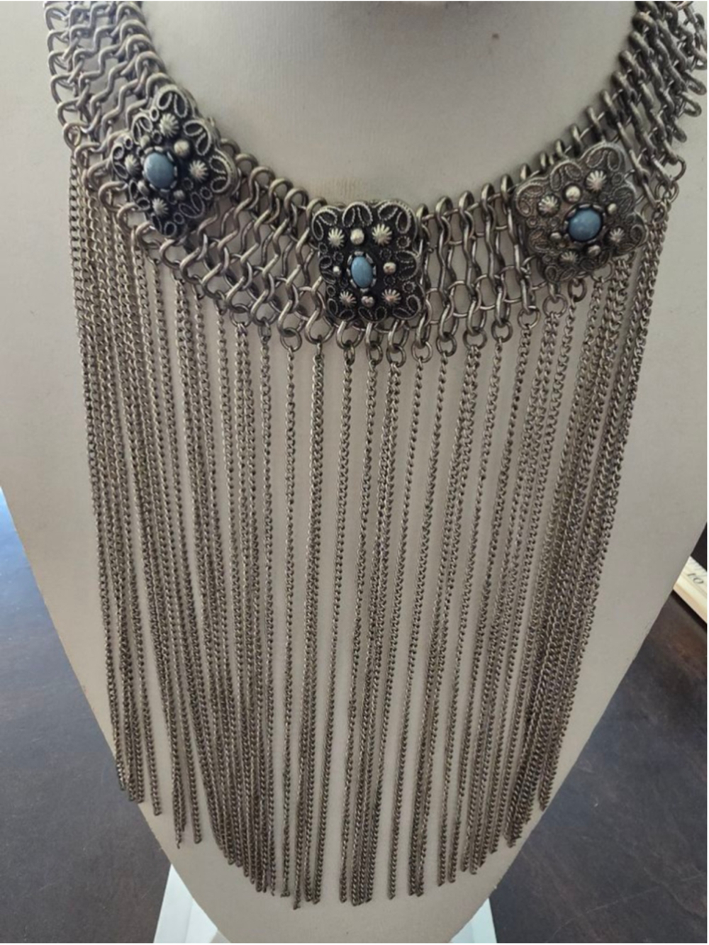 Vintage Statement Silver Chain Fringe Choker Necklace Blue Stone Festival Boho